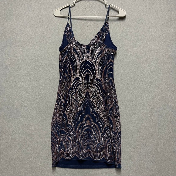 Jump Apparel Dress Womens Medium Navy Blue Rose Gold Glitter Art Deco Party USA - Picture 5 of 10